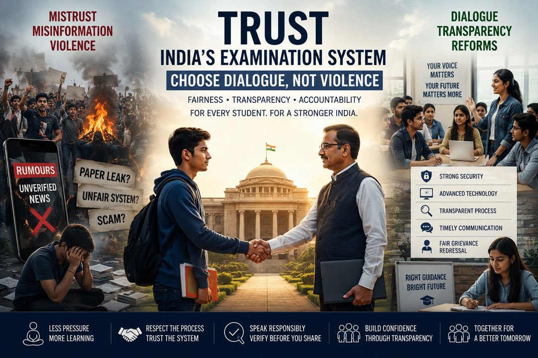 Trust India's Examination System — choose dialogue, not violence: a poster showing mistrust, misinformation and unrest on the left, a student and education official shaking hands in front of a government building at centre, and students discussing dialogue, transparency and reforms on the right.