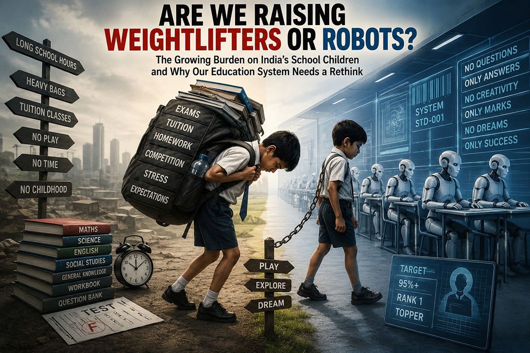 Split illustration: on the left a boy trudges under an oversized backpack labelled exams, tuition, homework, competition, stress and expectations, past a signpost reading long school hours, heavy bags, tuition classes, no play, no time, no childhood; on the right a boy is led on a chain past rows of robot students beneath a board reading no questions, only answers, only marks, only success.