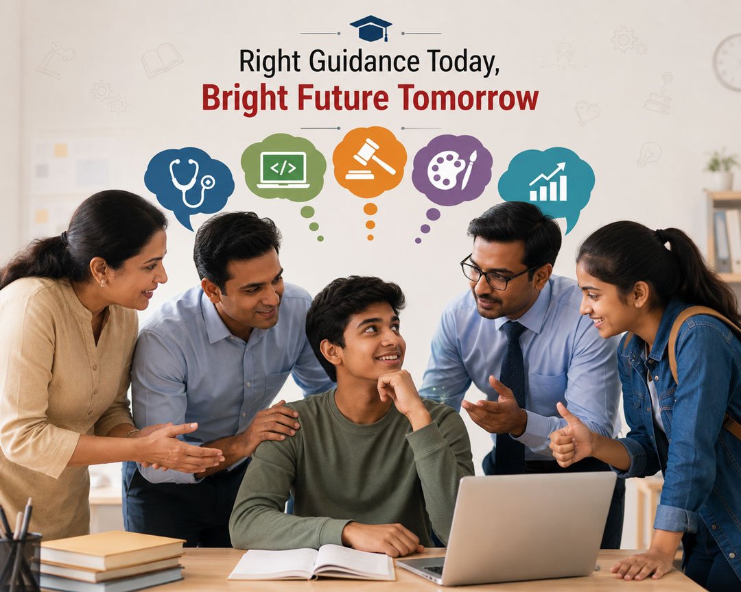 Right guidance today, bright future tomorrow: a family of five gathered around a student at a laptop and open book, with speech-bubble icons above them representing medicine, technology, law, the arts and finance, symbolising the many career paths open to a Class 12 graduate.