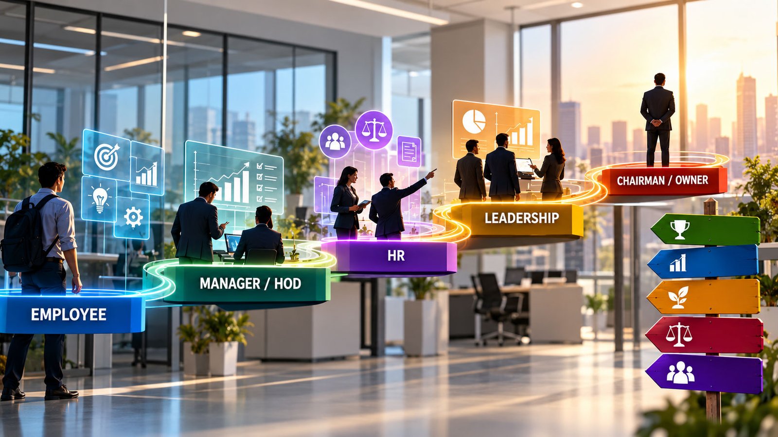 An office illustration of a rising path of coloured platforms labelled Employee, Manager / HOD, HR, Leadership and Chairman / Owner, with people reviewing floating charts at each level and a signpost of coloured arrows showing a trophy, growth chart, sapling, scales of justice and a team icon.