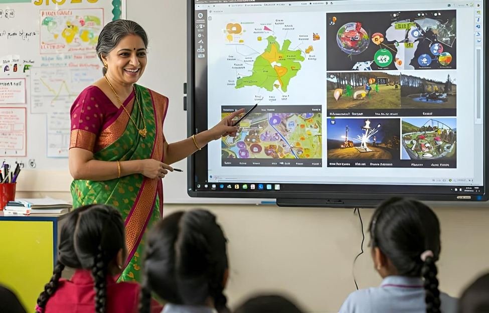 A teacher points to an interactive smart board as schoolgirls watch — From Blackboard to Smart Board
