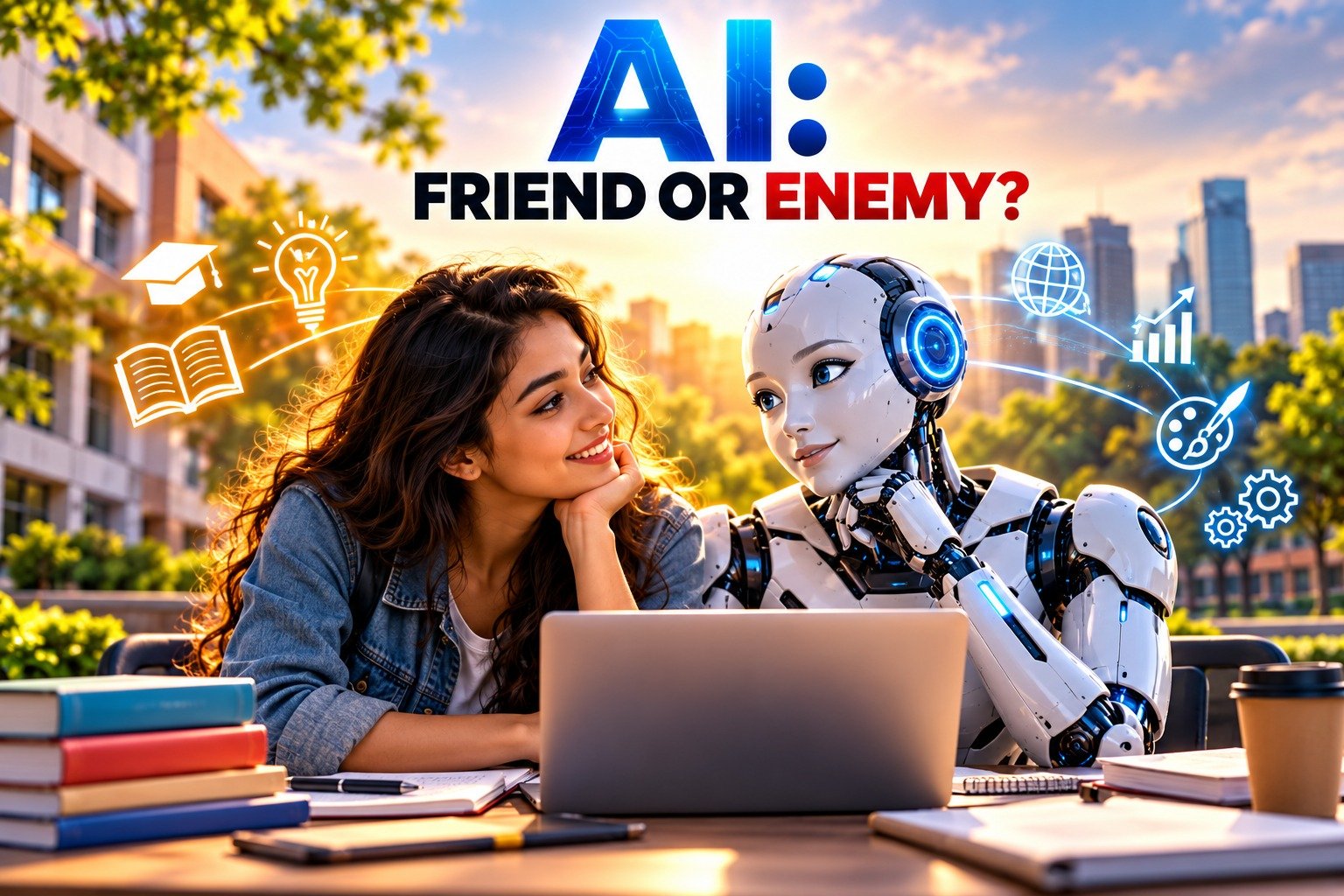 A student and an AI robot sitting together at a study table on campus