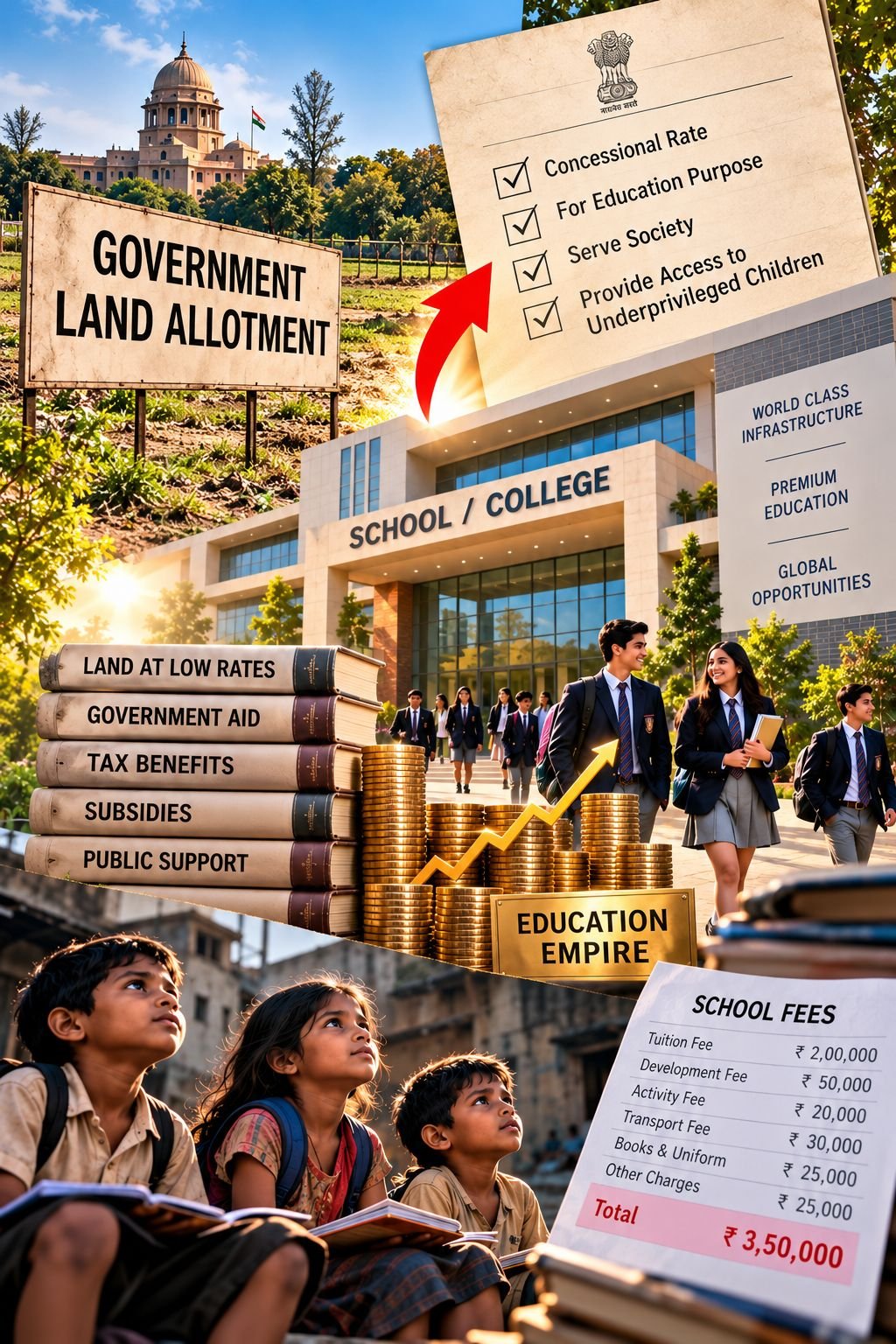 The Education Business: a government land allotment promising concessional rates and access for underprivileged children, a gleaming private campus, stacks of gold coins marked 'Education Empire', and poor children beside a fee slip totalling ₹3,50,000.