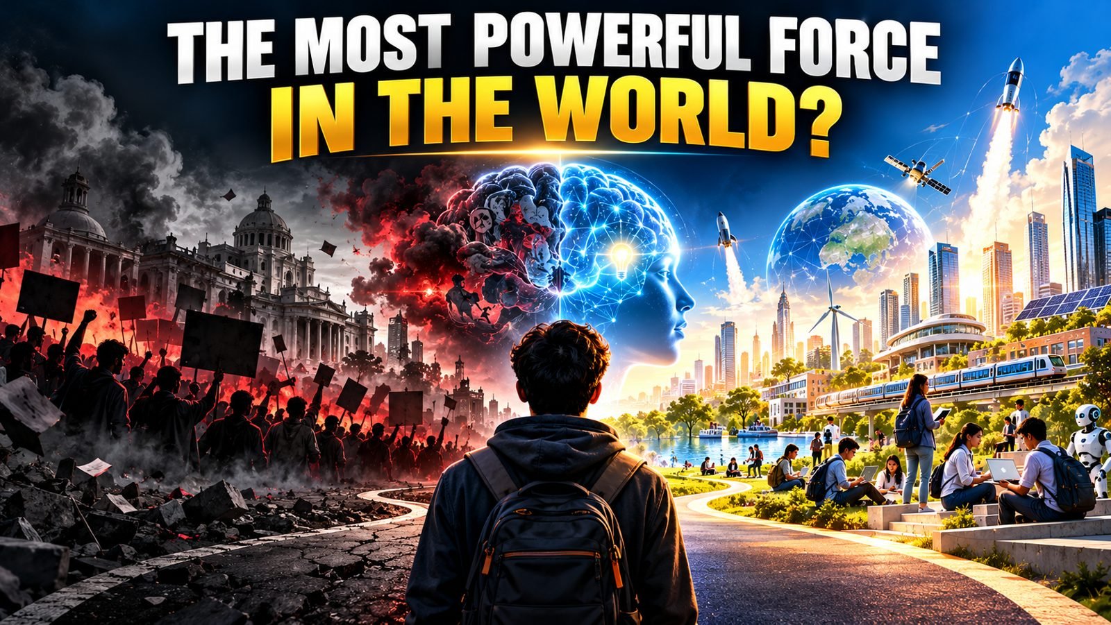 The Most Powerful Force in the World? A student with a backpack stands at a fork: on one side, angry crowds, smoke and rubble before a burning government building; on the other, a glowing brain, students studying in green campus spaces, a modern city, solar panels, a wind turbine, rockets and a robot.
