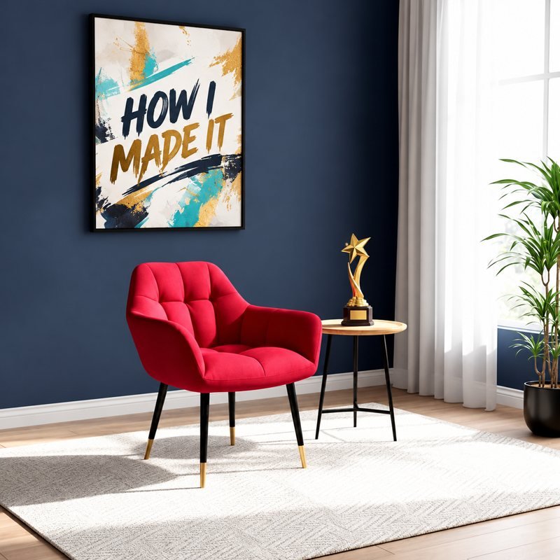 How I Made It poster above a red armchair with a trophy