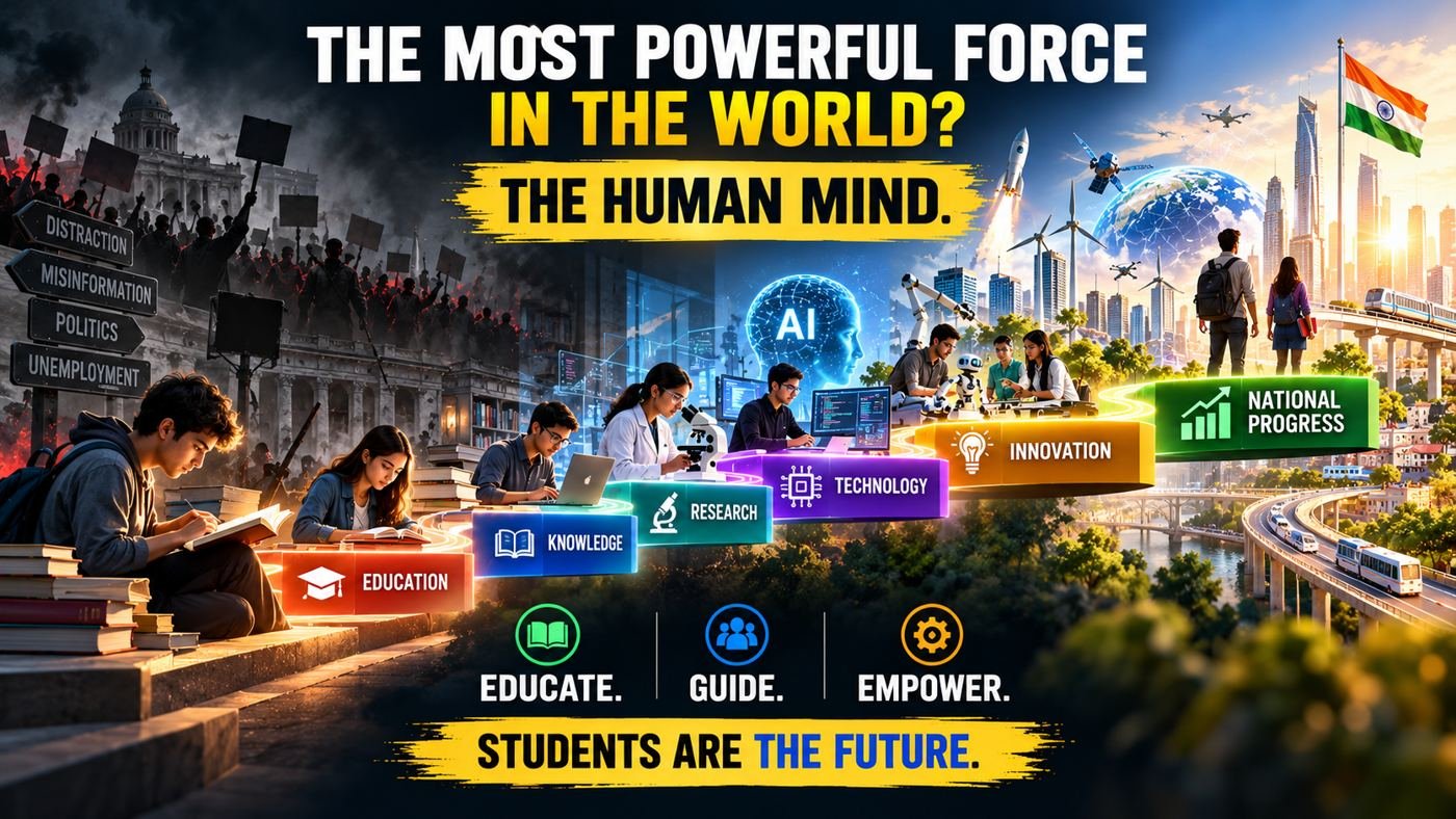 Students climbing steps labelled Education, Knowledge, Research, Technology, Innovation and National Progress beside a glowing brain — The Most Powerful Force in the World? The Human Mind.